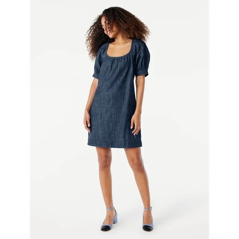 Free Assembly Denim Mini Dress Square Neck Puff Sleeve XS
